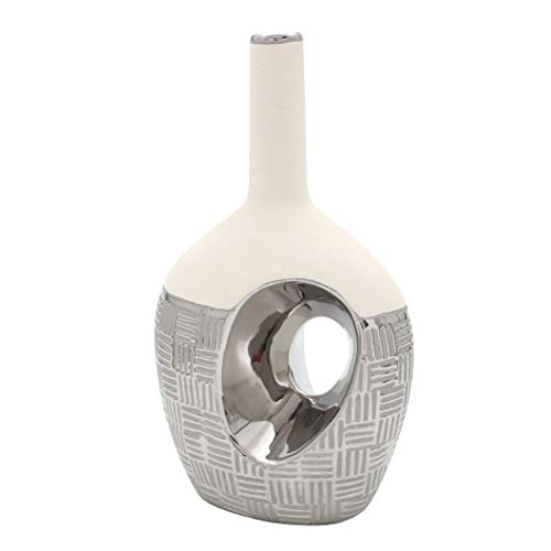 Dekohelden24 Edle Designer Keramik Vase oval mit Loch und langem Hals in Silber-rau weiß, Silbergrau von Dekohelden24