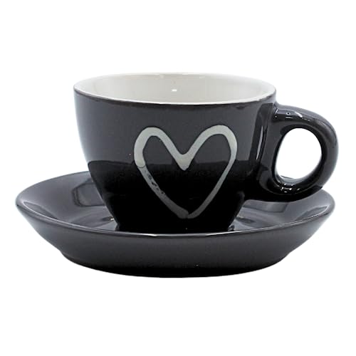 Dekohelden24 Espressotasse mit Untertasse in Anthrazit mit weißem Herz, aus Keramik, Größe: H/Ø ca. 5 x 6,5 cm, Spülmaschinengeeignet von Dekohelden24