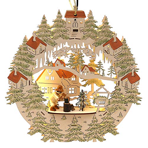 Exclusives, beleuchtetes 2 D Holz Fensterbild mit LED Band, Motiv: Wald mit Holzhacker von Dekohelden24