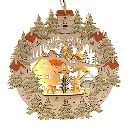 Dekohelden24 Exclusives, beleuchtetes 2 D Holz Fensterbild mit LED Band, Motiv: Wald mit Rehe von Dekohelden24