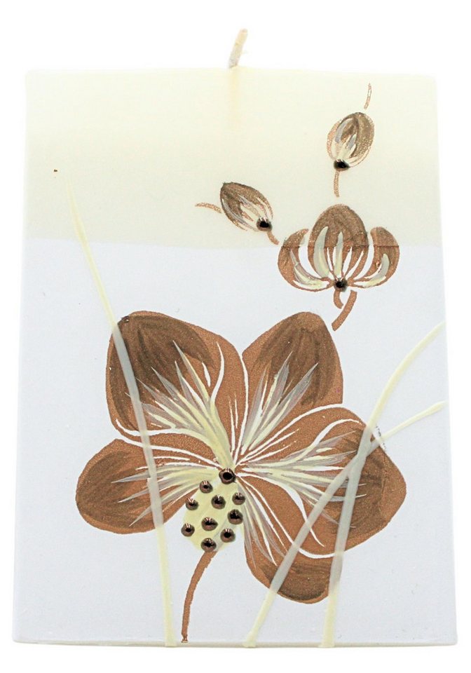 Dekohelden24 Formkerze Hochwertige Kerze mit Orchidee / Orchideenkerze / Segel, weiß mit brauner Blüte / L/B/H: ca. 9 x 5 x 12 cm. von Dekohelden24