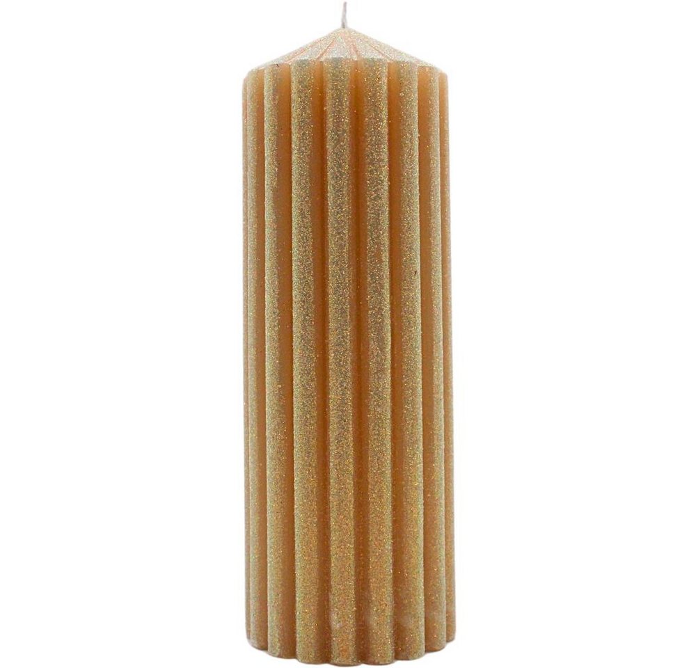Dekohelden24 Formkerze Hochwertige XL-Tafelkerze Stumpenkerze Tischkerze Haushaltskerze (1 Stück, 1-tlg), Blockkerze mit Glitter im festlichen Beige, Größe: B/H ca 7 x 20 cm. von Dekohelden24