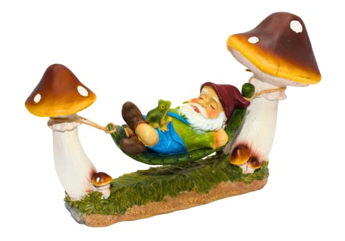 Dekohelden24 Gartenzwerg in Hängematte zwischen Pilzen, mit Frosch, aus Poly, niedliche Deko für Garten, Terrasse oder Balkon, Größe: L/B/H ca. 13 x 38 x 23 cm, bunt, 38 cm von Dekohelden24