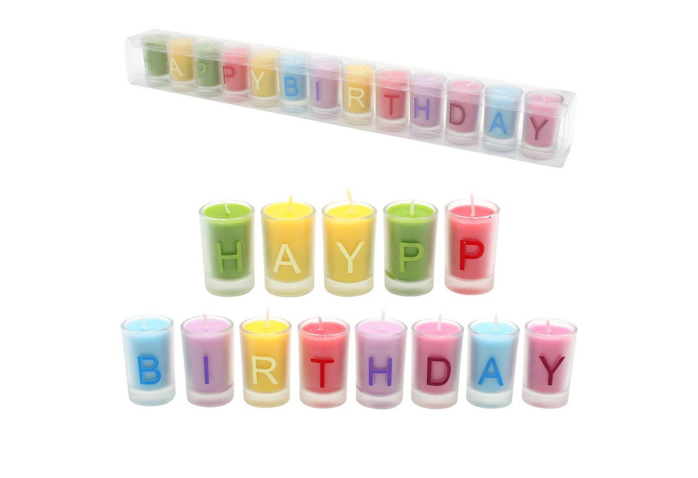 Dekohelden24 Geburtstagskerze Kerzen im Glas - Happy Birthday - 13 einzelne Kerzen im Glas, Größe (13 Stück, 13-tlg), Geburtstag von Dekohelden24