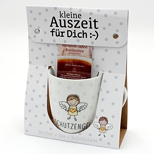 Dekohelden24 Geschenkset - kleine Auszeit - Tee,- Kaffeebecher/Tasse aus Porzellan + Tee + Schokolade, Motiv: Schutzengel, Größe H/Ø: 9,8 x 8,2 cm, Fassungsvermögen 250 ml, Spülmaschinengeeignet. von Dekohelden24