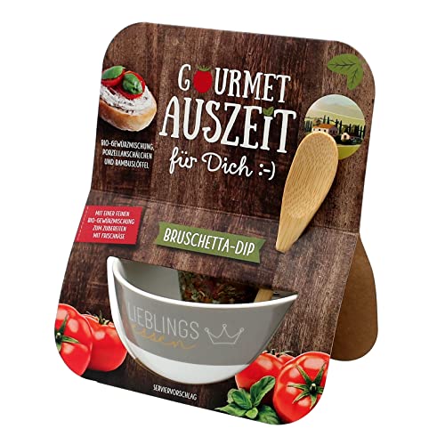 Dekohelden24 Gourmet Auszeit - Porzellan Schale mit Bio Gewürzmischung und Bambuslöffel - Dip-Schale - Müslischale mit Spruch: Lieblingsessen, Größe H/Ø: ca. 6 x 10,5 cm, Fassungsvermögen 250 ml von Dekohelden24