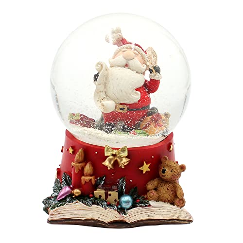 Dekohelden24 Große Schneekugel, Weihnachtsmann mit Feder und Wunschzettel, mit Sound, auf aufwendig dekoriertem Sockel, Maße L/B/H: 10 x 10 x 14 cm Kugel Ø 10 cm von Dekohelden24