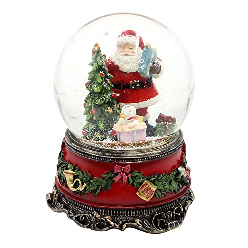 Dekohelden24 Große Schneekugel, Weihnachtsmann mit Hund und Geschenken, mit Sound, auf aufwendig dekoriertem Sockel, Maße L/B/H: 10 x 10 x 14 cm Kugel Ø 10 cm von Dekohelden24