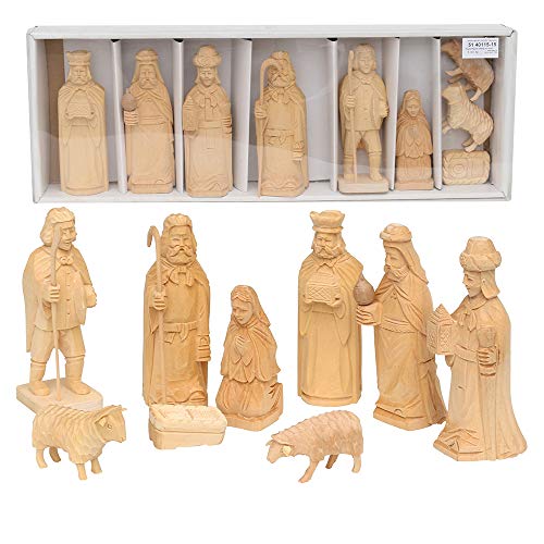 Dekohelden24 Handgeschnitzte Holz Krippenfiguren als 9er Set, Maße L/B/H: 5,5 x 6,5 x 15,5 cm., Natur, 5140115-15 von Dekohelden24