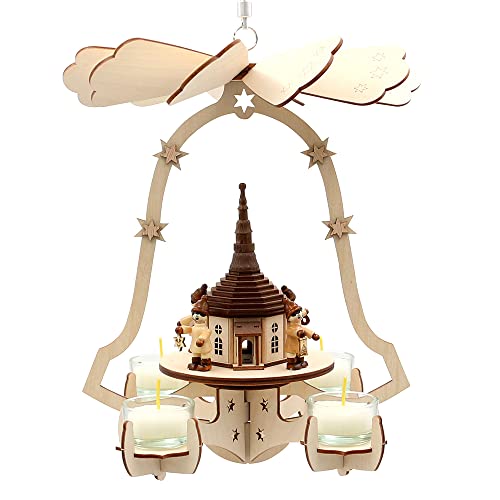 Dekohelden24 Hochwertige Holz Deckenpyramide, Hängepyramide-Seiffener Kirche-mit Winterfiguren, inkl. Drehlager, ca. 28 cm von Dekohelden24