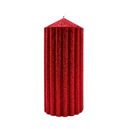 Dekohelden24 Hochwertige Tafelkerze Stumpenkerze Tischkerze Haushaltskerze Blockkerze mit Glitter im festlichen Rot, Größe: B/H ca 7 x 16 cm. von Dekohelden24
