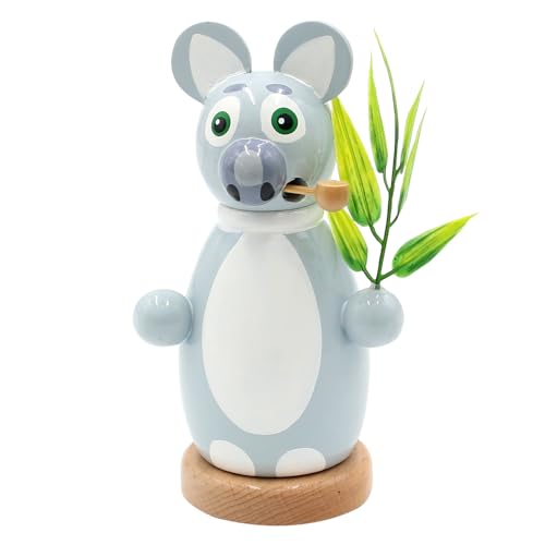 Dekohelden24 Holz Räuchermann, Räucherfigur, Räuchermännchen als Koala mit Eukalyptusblatt in grau und weiß, Größe: L/B/H 8 x 8 x 12 cm. von Dekohelden24