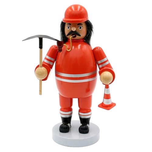 Dekohelden24 Holz Rauchfigur, Räucherfigur, Räuchermännchen, Räuchermann als Straßenbauer/Bauarbeiter mit Spitzhacke und Kegel in orange, L/B/H 11,5 x 11 x 20 cm. von Dekohelden24