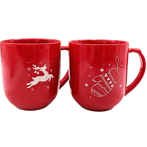 Dekohelden24 Jumbo Becherset, Große Kaffeebecher, XXL - Glühweinbecher Hirsch & Winterhandschuh aus Porzellan in rot und weiß im 2er Set, Größe: L/B/H ca. 15 x 11 x 12 cm, Fassungsvermögen 820ml. von Dekohelden24