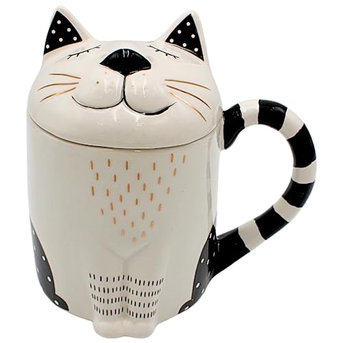 Dekohelden24 Kaffee-Becher, Teetasse als Katze mit Deckel aus Keramik, Schwarz-Weiß und Gold, Größe: H/Ø ca. 14 x 9 cm, Fassungsvermögen ca. 400ml von Dekohelden24