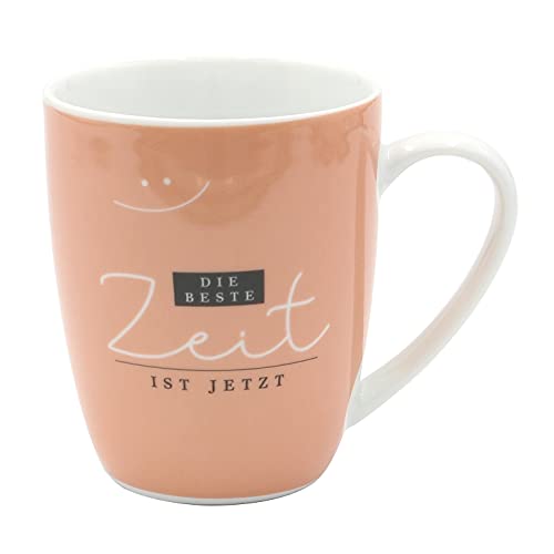 Dekohelden24 Kaffeebecher/Tasse aus Porzellan, Motiv: Die Beste Zeit ist jetzt. Größe H/ : 9,8 x 8,2 cm, Fassungsvermögen 250 ml, Spülmaschinengeeignet. 950353 Lachs von Dekohelden24