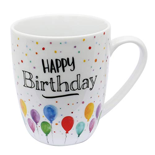 Dekohelden24 Kaffeebecher/Tasse aus Porzellan, Motiv: Happy Birthday. Größe H/Ø: 9,8 x 8,2 cm, Fassungsvermögen 250 ml, Spülmaschinengeeignet, 10cm von Dekohelden24