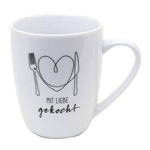 Dekohelden24 Kaffeebecher/Tasse aus Porzellan, Motiv: Mit Liebe gekocht. Größe H/Ø: 9,8 x 8,2 cm, Fassungsvermögen 250 ml, Spülmaschinengeeignet. von Dekohelden24