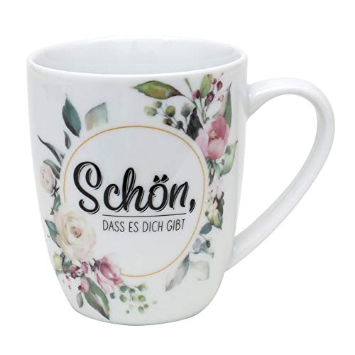 Kaffeebecher/Tasse aus Porzellan, Motiv: Schön dass es dich gibt. Größe H/Ø: 9,8 x 8,2 cm, Fassungsvermögen 250 ml, Spülmaschinengeeignet. von Dekohelden24