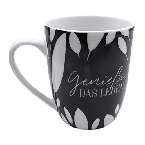 Dekohelden24 Kaffeebecher/Tasse aus Porzellan in schwarz-weiß, Motiv: Genieße das Leben. Größe H/Ø: 10 x 8 cm, Fassungsvermögen 250 ml, Spülmaschinengeeignet, Blätter, 10 cm Dekohelden24 Kaffeebecher/Tasse aus Porzellan in schwarz-weiß, Motiv: Genieße das Leben. Größe H/Ø: 10 x 8 cm, Fassungsvermögen 250 ml, Spülmaschinengeeignet, Blätter, 10 cm von Dekohelden24