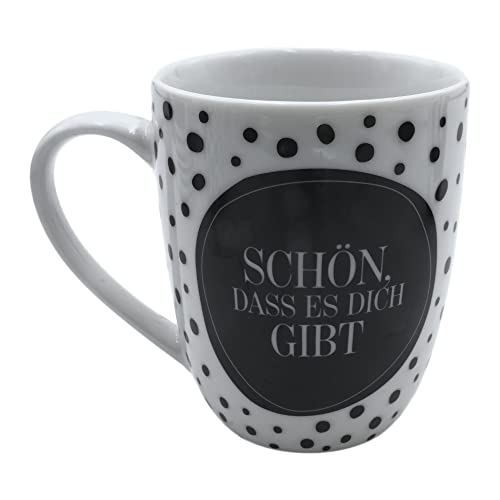 Dekohelden24 Kaffeebecher/Tasse aus Porzellan in schwarz-weiß gepunktet, Motiv: Schön, DASS es Dich gibt. Größe H/Ø: 10 x 8 cm, Fassungsvermögen 250 ml, Spülmaschinengeeignet, 10 cm von Dekohelden24