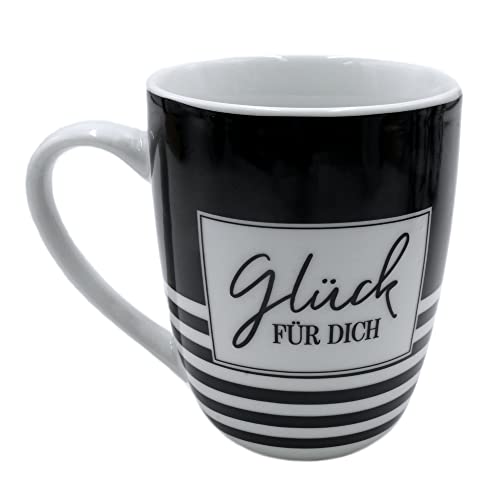 Dekohelden24 ***Kaffeebecher/Tasse aus Porzellan in schwarz-weiß gestreift, Motiv: Glück für Dich. Größe H/Ø: 10 x 8 cm, Fassungsvermögen 250 ml, Spülmaschinengeeignet. von Dekohelden24