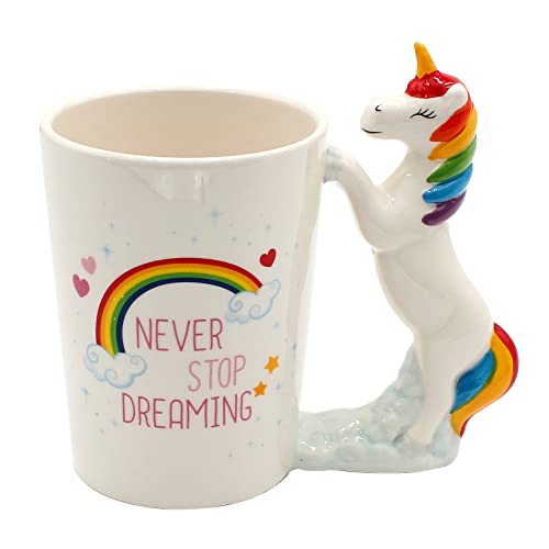 Dekohelden24 Kaffeebecher Kaffeetasse aus Keramik - Motiv: Regenbogen mit Einhorngriff - Größe: ca. H/Ø: 11 x 8 cm/Fassungsvermögen: 400ml von Dekohelden24