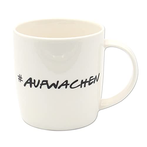 Dekohelden24 Kaffeebecher Kaffeetasse aus Porzellan - Motiv: #Aufwachen - Größe H/Ø: 9 x 8,5 cm, Fassungsvermögen 300ml, spülmaschinengeeignet von Dekohelden24