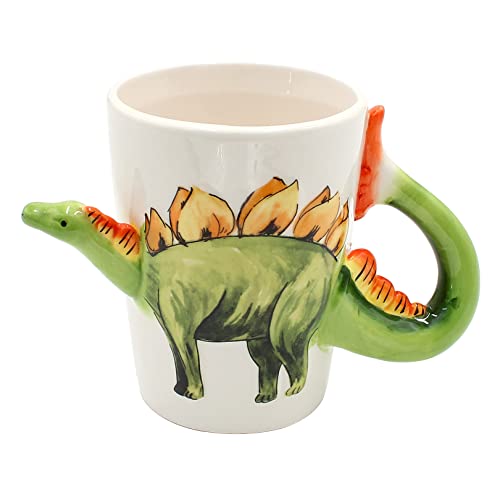 Dekohelden24 Kaffeebecher Kaffeetasse mit Dino aus Keramik - Motiv: Stegosaurus - Größe: ca. H/ : 11 x 7 cm/Fassungsvermögen: ca. 300ml OOB-788319-Stego Grün-gelb von Dekohelden24