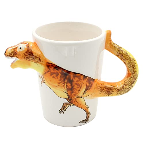 Dekohelden24 Kaffeebecher Kaffeetasse mit Dino aus Keramik - Motiv: T-Rex - Größe: ca. H/Ø: 11 x 7 cm/Fassungsvermögen: 300ml, OOB-788319-Rex, Orange von Dekohelden24