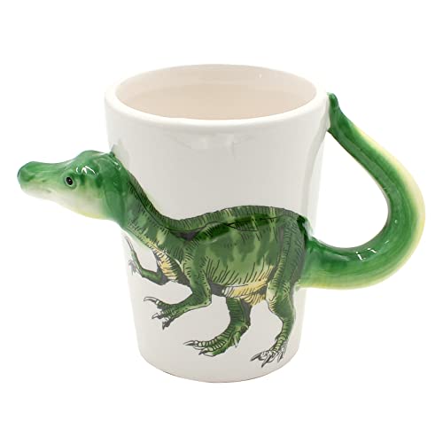 Dekohelden24 Kaffeebecher Kaffeetasse mit Dino aus Keramik - Motiv: Velociraptor - Größe: ca. H/Ø: 11 x 7 cm/Fassungsvermögen: ca. 300ml, Grün, OOB-788319-Raptor von Dekohelden24