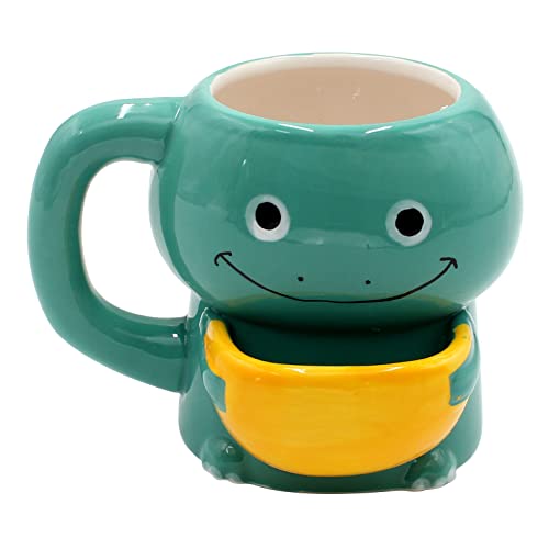 Dekohelden24 Kaffeebecher Kaffeetasse mit Keksfach aus Keramik-Motiv: Dino-Größe: ca. H/Ø: 10 x 7 cm/Fassungsvermögen: 300ml, Türkis, 10 cm von Dekohelden24