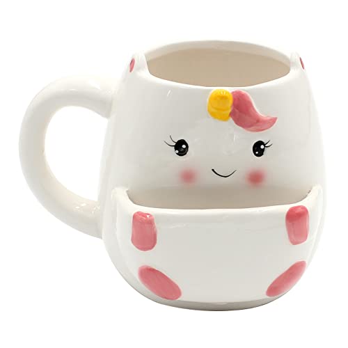 Dekohelden24 Kaffeebecher Kaffeetasse mit Keksfach aus Keramik-Motiv: Einhorn-Größe: ca. H/Ø: 10 x 7 cm/Fassungsvermögen: 300ml, Weiß-rosa, 10 cm von Dekohelden24