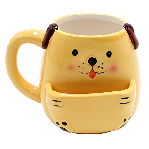 Dekohelden24 Kaffeebecher Kaffeetasse mit Keksfach aus Keramik-Motiv: Hund-Größe: ca. H/Ø: 10 x 7 cm/Fassungsvermögen: 300ml, Gelb, 10 cm von Dekohelden24