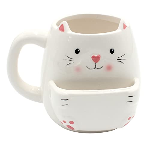 Dekohelden24 Kaffeebecher Kaffeetasse mit Keksfach aus Keramik-Motiv: Katze-Größe: ca. H/Ø: 10 x 7 cm/Fassungsvermögen: 300ml, Weiß, 10 cm von Dekohelden24