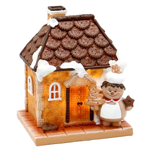 Dekohelden24 Keramik Lebkuchenhaus mit Weihnachtsbäcker und Lebkuchen in weiß/braun, für Batteriebetrieb, L/B/H 13 x 11 x 16 cm, Haus von Dekohelden24