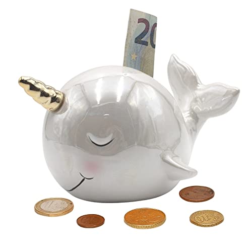 Dekohelden24 Keramik Spardose als Wal Perleffekt, Weiß, Einhorn-Wal - Spar-Wal - Walsparbüchse - Saving-Box, L/B/H: ca. 17 x 13 x 11 cm von Dekohelden24