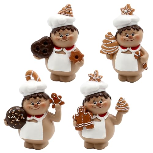 Dekohelden24 Keramik Weihnachtsbäcker mit Lebkuchen in weiß/braun als 4er Set, Maße je Figur L/B/H 7,5 x 5 x 10 cm von Dekohelden24