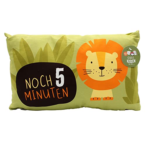 Dekohelden24 Kinder-Kuschel Kissen mit Löwe - Aufschrift - Noch 5 Minuten - L/B/H ca. 40 x 13 x 23 cm, 100% Baumwolle von Dekohelden24