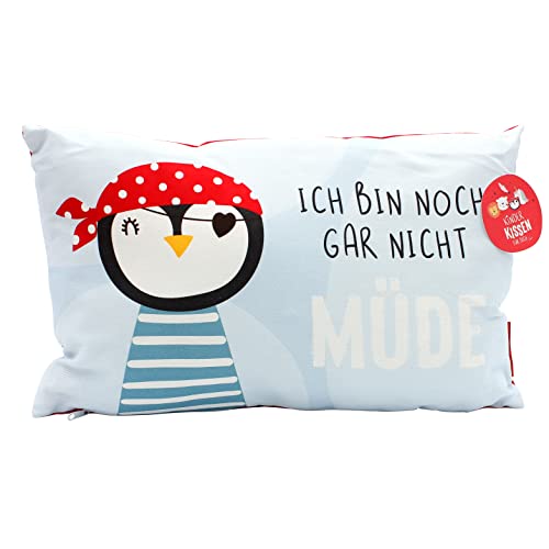 Dekohelden24 Kinder-Kuschel Kissen mit Pinguin/Aufschrift - Ich Bin noch gar Nicht müde - L/B/H ca. 40 x 13 x 23 cm, 100% Baumwolle von Dekohelden24