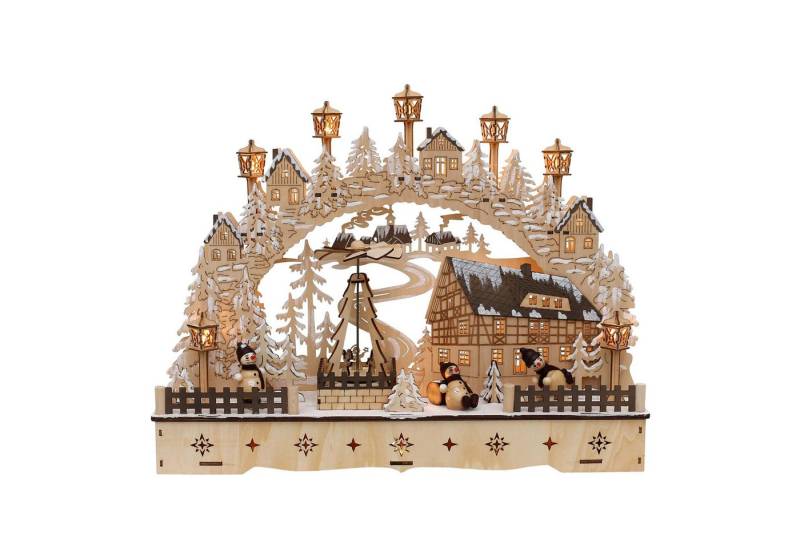 Dekohelden24 LED Schwibbogen LED Holz Schwibbogen mit bewegter Weihnachtspyramide, Adapterbetrieb. von Dekohelden24