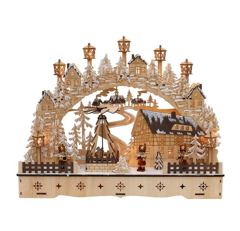 Dekohelden24 LED Schwibbogen LED Holz Schwibbogen mit bewegter Weihnachtspyramide Motiv: Bergmänner, L/B/H ca. 45 x 12 x 35 cm, für Batterie- oder Adapterbetrieb. von Dekohelden24