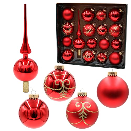 Dekohelden24 Lauschaer Christbaumschmuck-16er Set Kugeln inkl. 1 Baumspitze aus Glas, für Weihnachten, handdekoriert, Rot matt und glänzend, 6,7, goldenem Krönchen, 8 cm, 17 von Dekohelden24