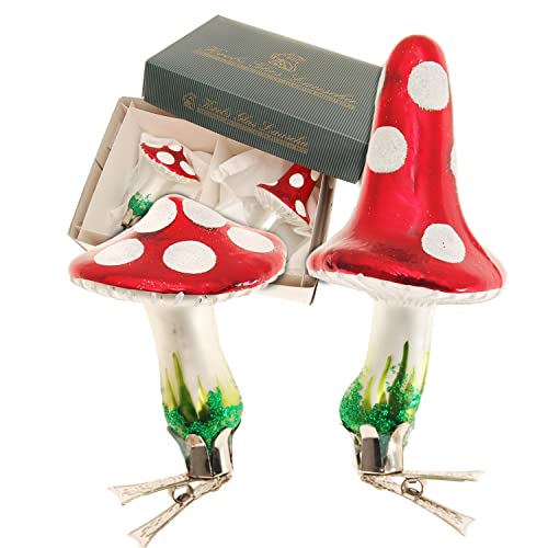 Dekohelden24 Lauschaer Christbaumschmuck - 2er Set Pilze rot/Weiss mit Clip, handdekoriert als Fliegenpilz, silberner Clip, Größe 9-13 cm von Dekohelden24