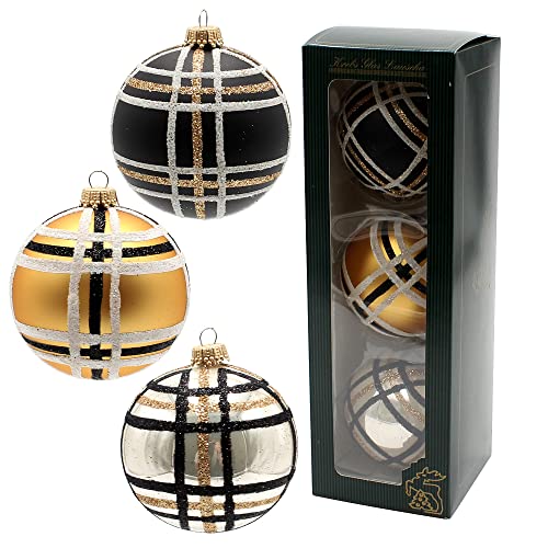 Dekohelden24 Lauschaer Christbaumschmuck - 3er Set Glaskugeln in Gold, Schwarz und Elfenbein, mundgeblasen und handdekoriert, mit Goldkrönchen, Größe Ø ca. 8 cm von Dekohelden24