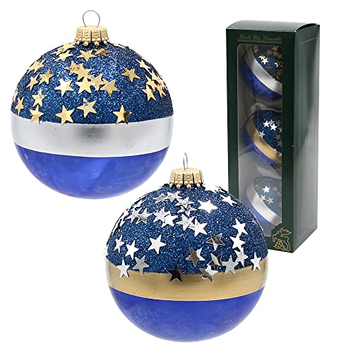 Dekohelden24 Lauschaer Christbaumschmuck - 3er Set Glaskugeln in Kobaltblau, zweifarbig, mundgeblasen und handdekoriert mit Sternen, mit Goldkrönchen, Größe Ø ca. 8 cm, Silber-Gold, (KGL10848) von Dekohelden24
