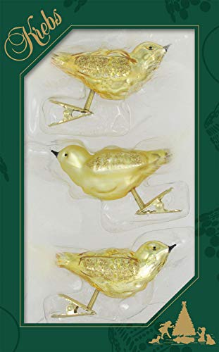 Dekohelden24 Lauschaer Christbaumschmuck - 3er Set Vögel auf Clip in Satin Gold, ca. 13 cm von Dekohelden24