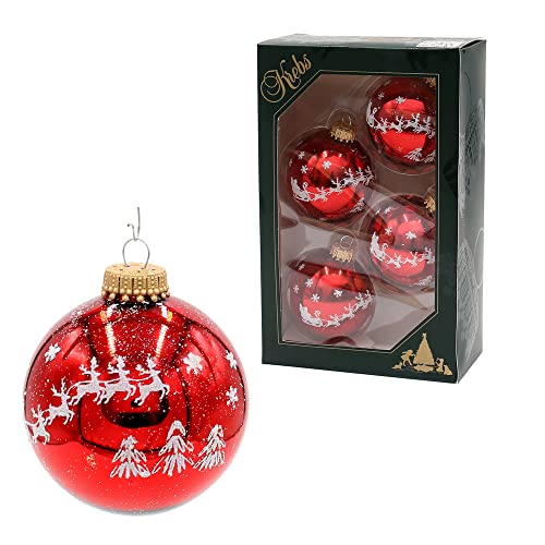 Dekohelden24 Lauschaer Christbaumschmuck - 4er Set Christbaumkugeln in glänzend Rot, handdekoriert mit Glitter - Dekor Rentierschlitten, mit Goldkrönchen, Größe Ø ca. 7 cm, CBK00061 von Dekohelden24