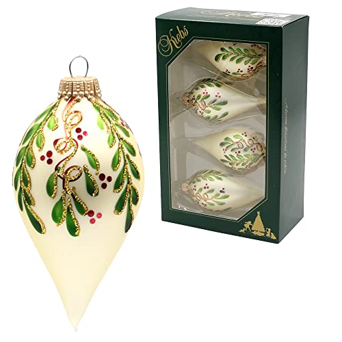 Lauschaer Christbaumschmuck - 4er Set Christbaumschmuck, Tropfen dick in Satin-Creme, handdekoriert mit Ilex - Dekor und Streifen, mit Goldkrönchen, Größe Ø/H ca. 5 x 10 cm von Dekohelden24