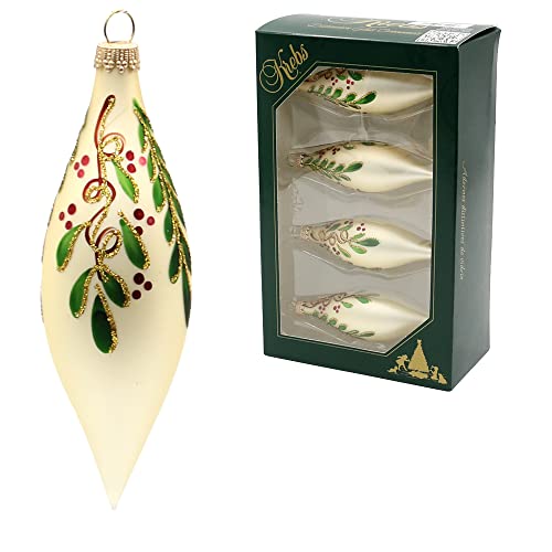 Lauschaer Christbaumschmuck - 4er Set Christbaumschmuck, Tropfen schmal in Satin-Creme, handdekoriert mit Ilex - Dekor und Streifen, mit Goldkrönchen, Größe Ø/H ca. 3 x 10 cm von Dekohelden24